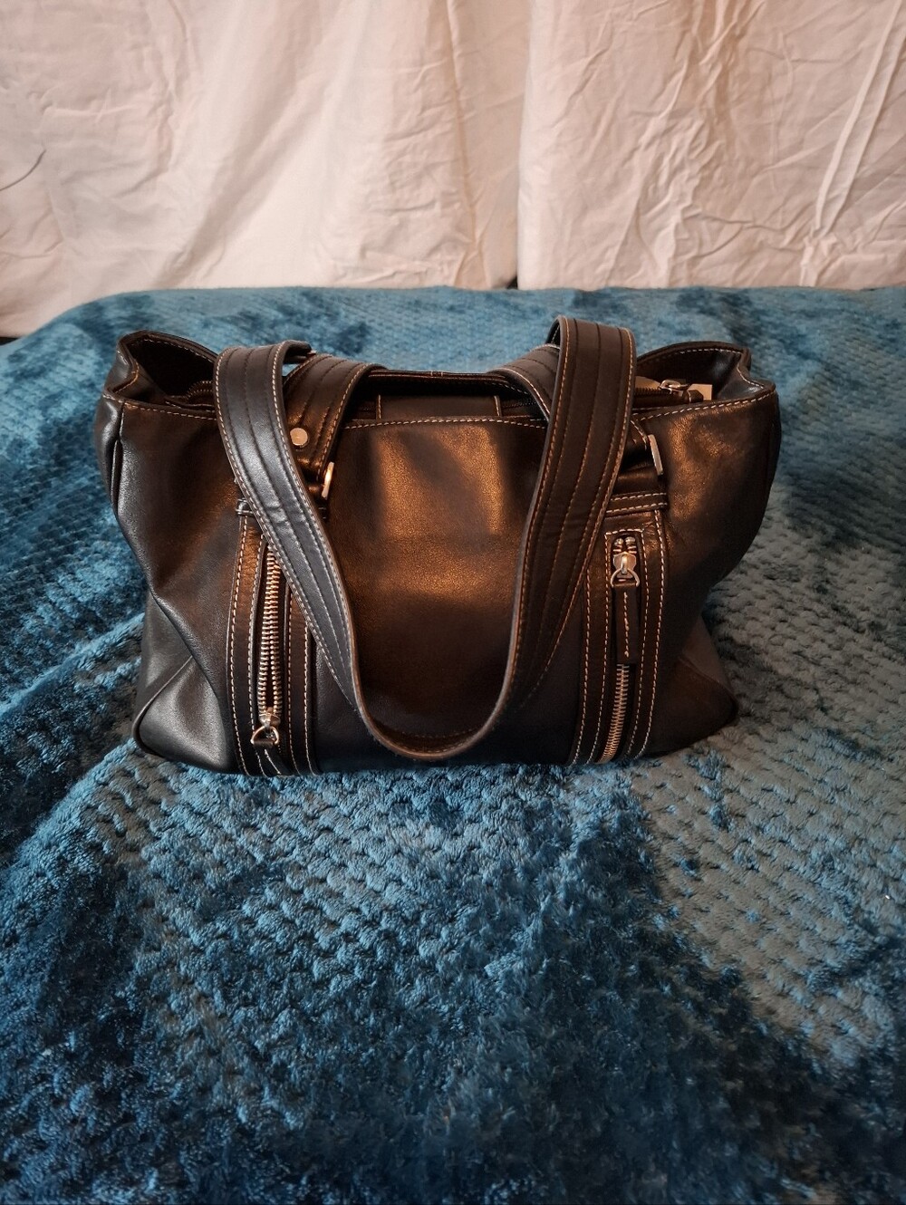 Black Leather Handbag with Dual Zip Accents